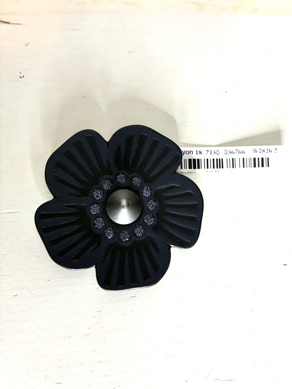 Coach Navy Blue Leather Tea Rose Flower Brooch Pin Glitter Stud Detail NWT
